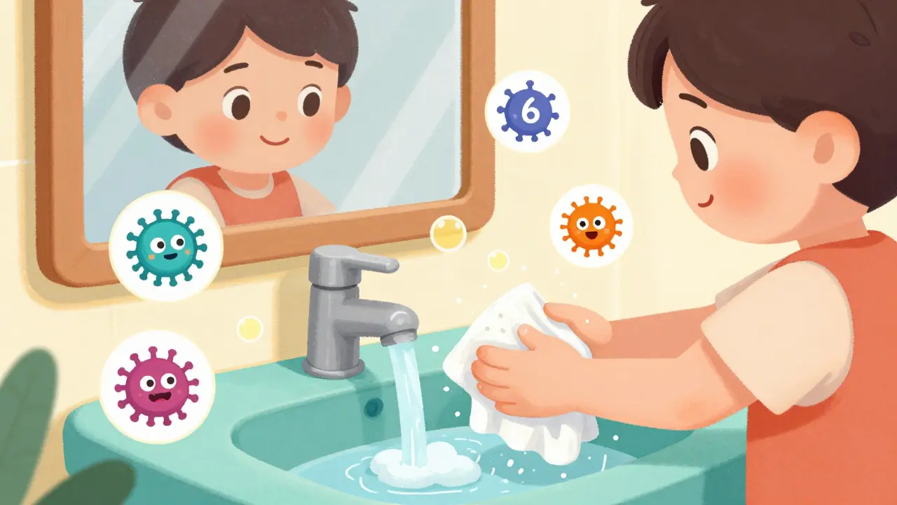 A child washes hands using the WHO 6-step technique with floating step icons and germs washing away.