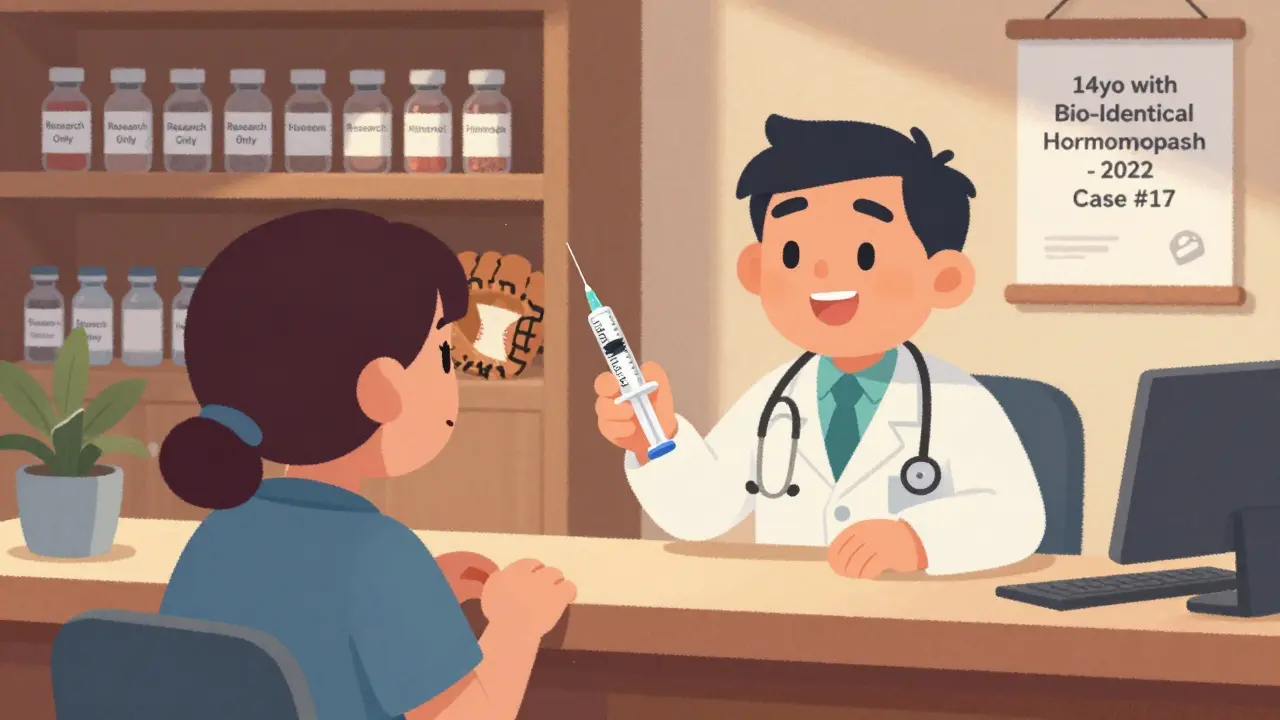 A clinic doctor handing an unlabeled syringe to a patient, hidden banned substances in background.