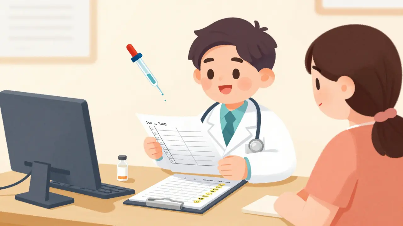 A doctor and patient reviewing a detailed tapering plan with a liquid dropper and symptom tracker on a clipboard.