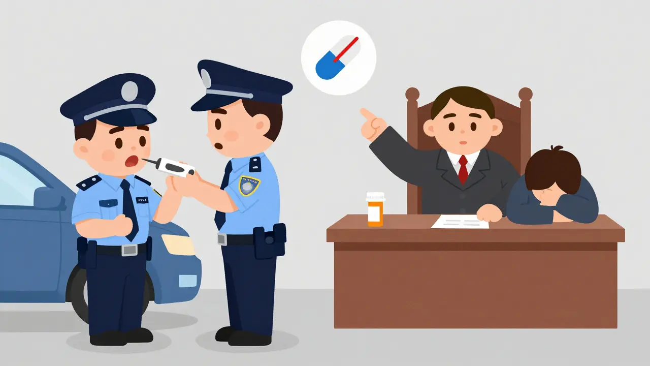 A driver is tested by police for drugs, while a judge looks at a prescription bottle in court.