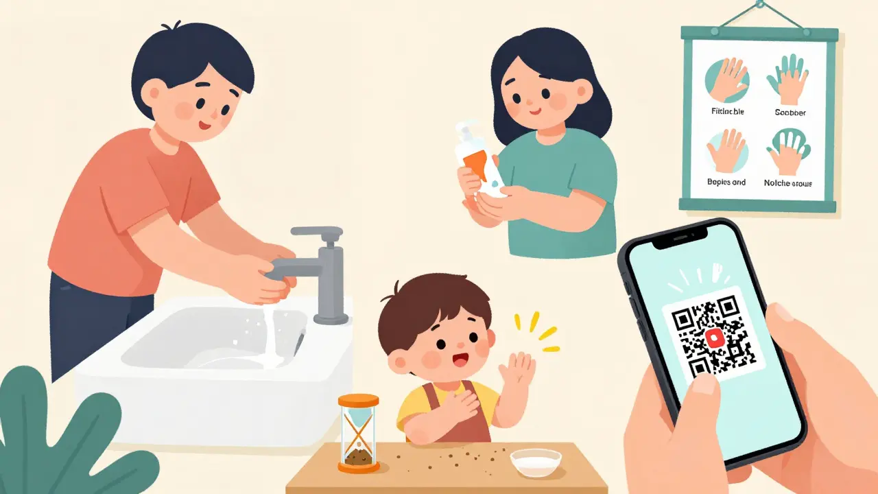 A household practices hand hygiene with foot-pedal faucet, lotion, sand timer, and QR code scan.