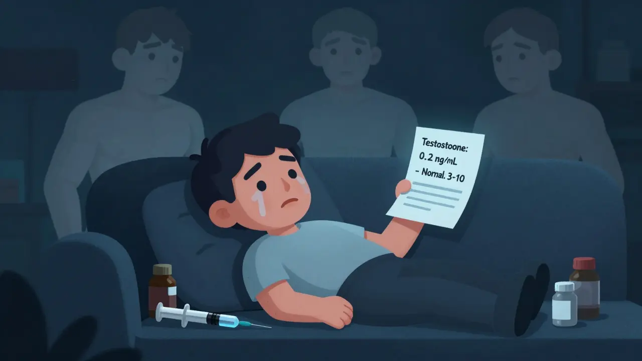 A man in despair surrounded by empty syringes, haunted by his faded muscular self.