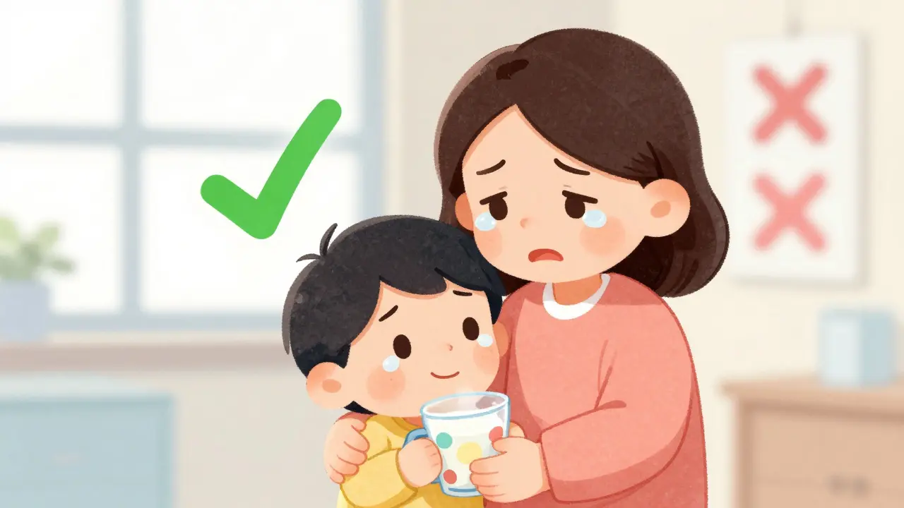 A parent and child hugging in relief after successfully completing an oral food challenge with no reaction.