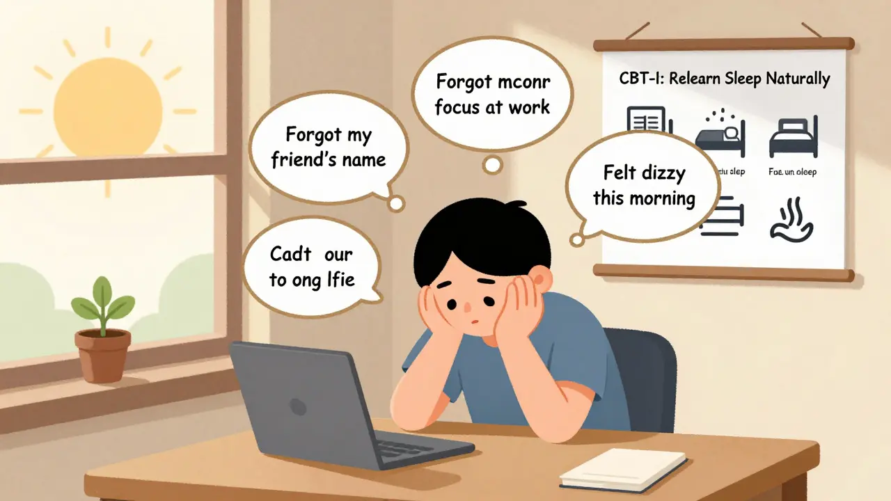 A person at their desk overwhelmed by memory and focus issues, with a poster promoting CBT-I for natural sleep recovery.