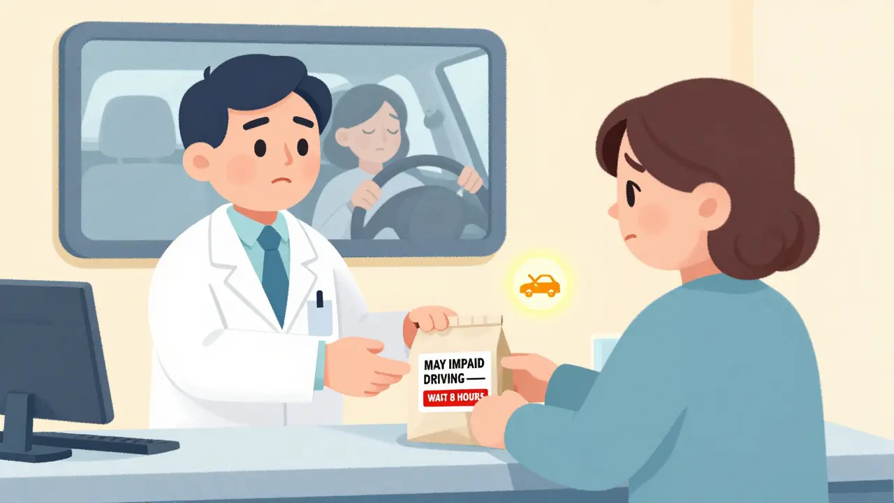 A pharmacist gives a prescription with a driving warning label to a confused woman.