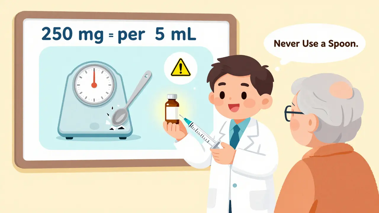 A pharmacist shows an elderly patient how to measure liquid medicine with a syringe, next to a shattered kitchen spoon.