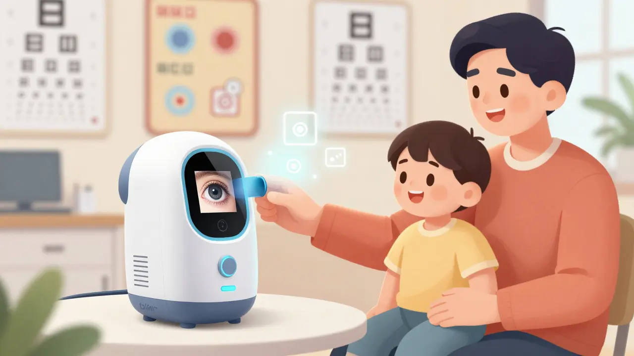 A toddler being scanned with a handheld device for vision screening.