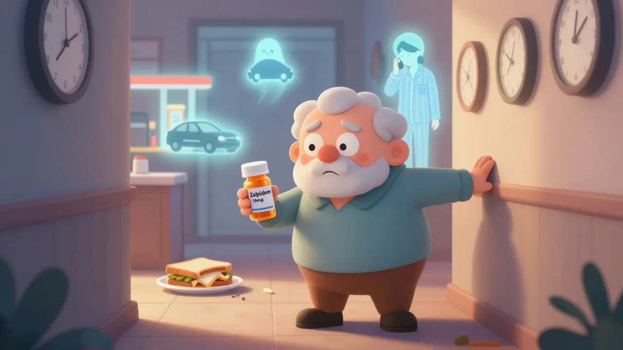 An older adult unsteady at dawn, holding a sleep pill bottle while ghostly sleepwalking scenes float behind them.