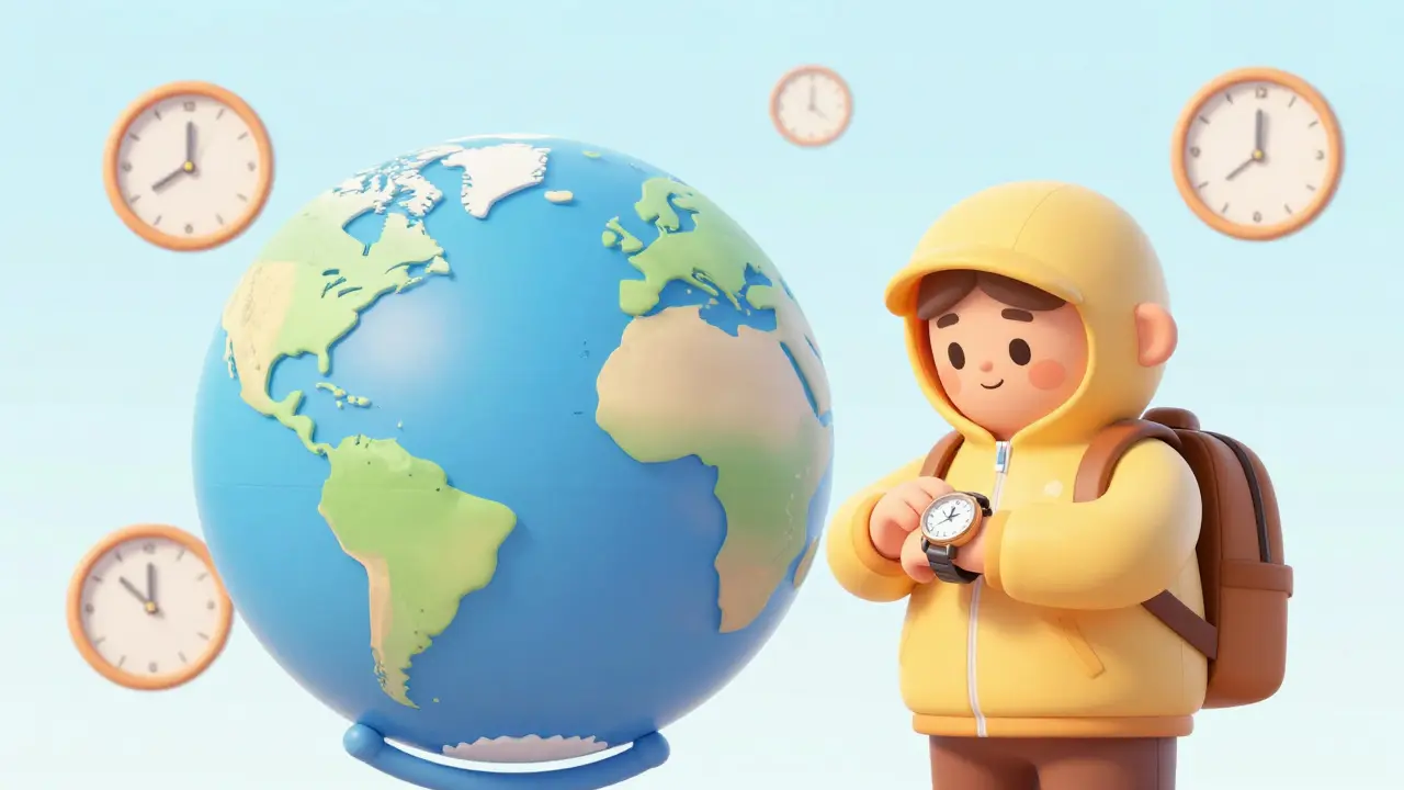 Cartoon traveler checking watch near globe with time zones.