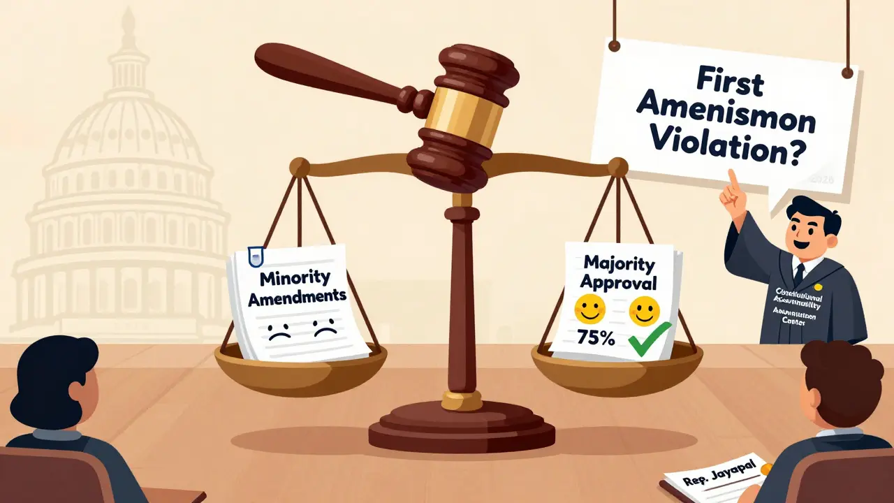 Courtroom scale weighing minority amendments against majority approval, with constitutional challenge banner visible in background.