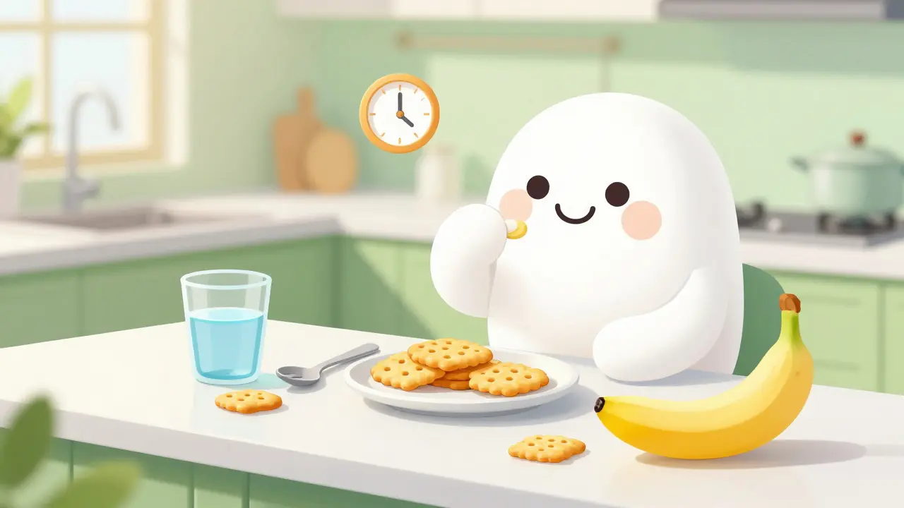 Happy person taking medication with simple snacks and water in kitchen