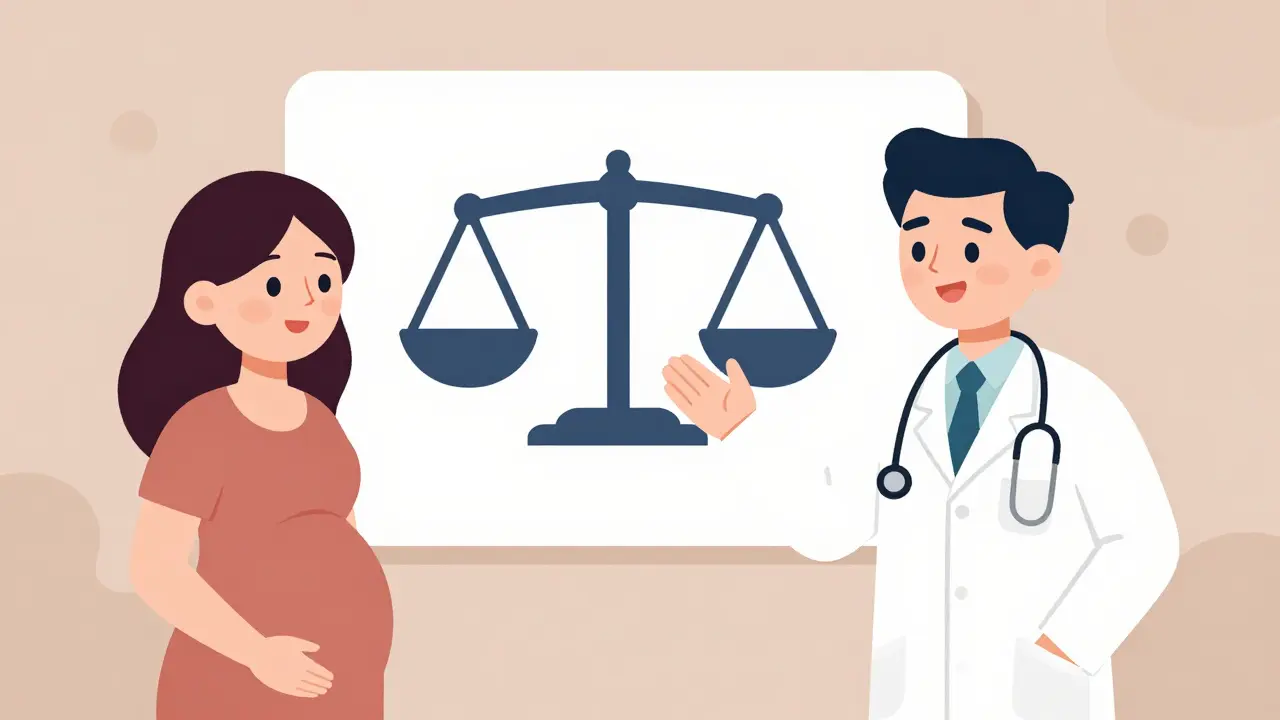 Healthcare team discussing risk balance with abstract visuals.