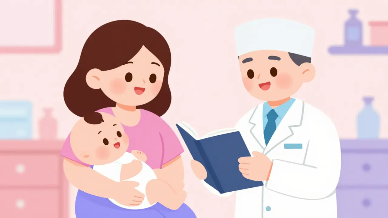 New mother breastfeeding with pharmacist checking a reference guide.