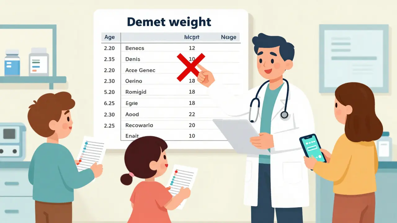 Pediatrician explaining weight-based dosing to diverse families, old age chart being replaced