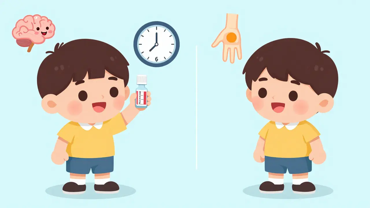 Side-by-side comparison of ibuprofen and acetaminophen effects on fever over time in children