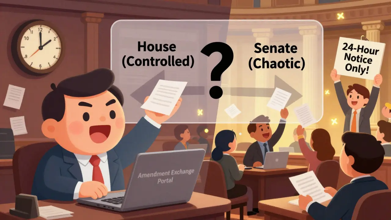 Split scene: House staffer submits amendment before deadline while Senate chamber remains chaotic with paper amendments flying.