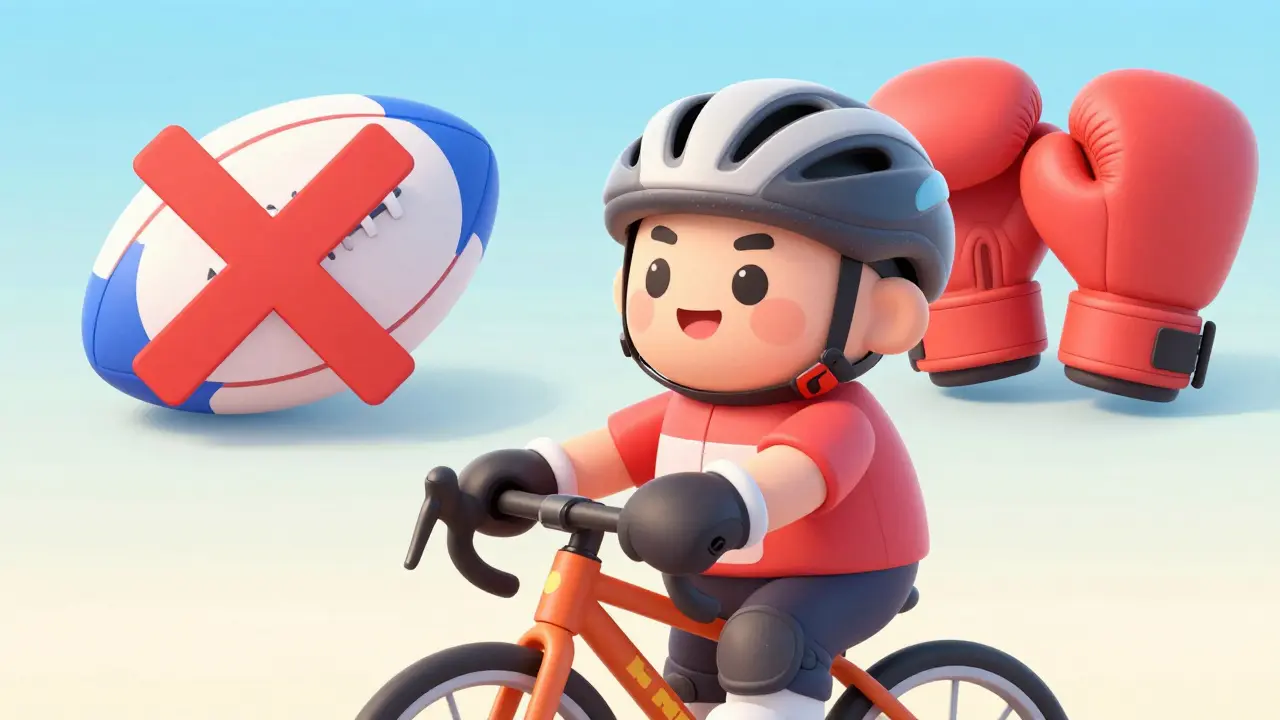 A cyclist with safety gear next to crossed-out high-impact sports equipment.