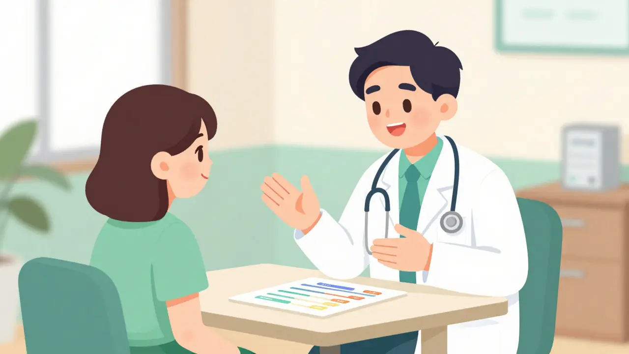 A doctor and patient collaborating during a shared decision-making consultation.