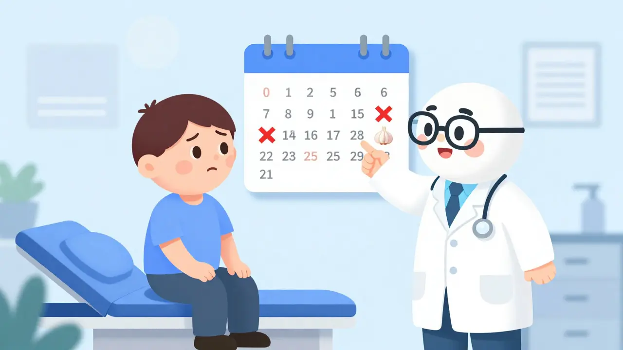 A doctor explaining the need to stop garlic supplements seven days before surgery.