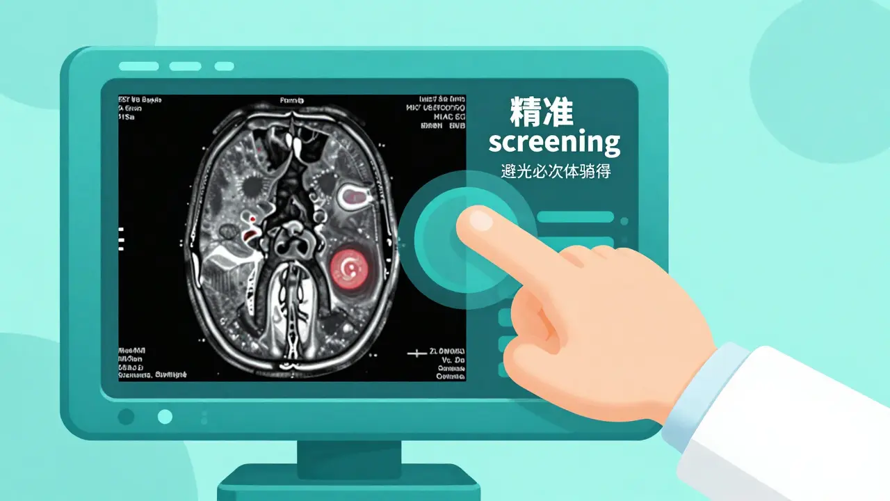 A doctor pointing to a detailed mpMRI scan for precise prostate cancer screening.