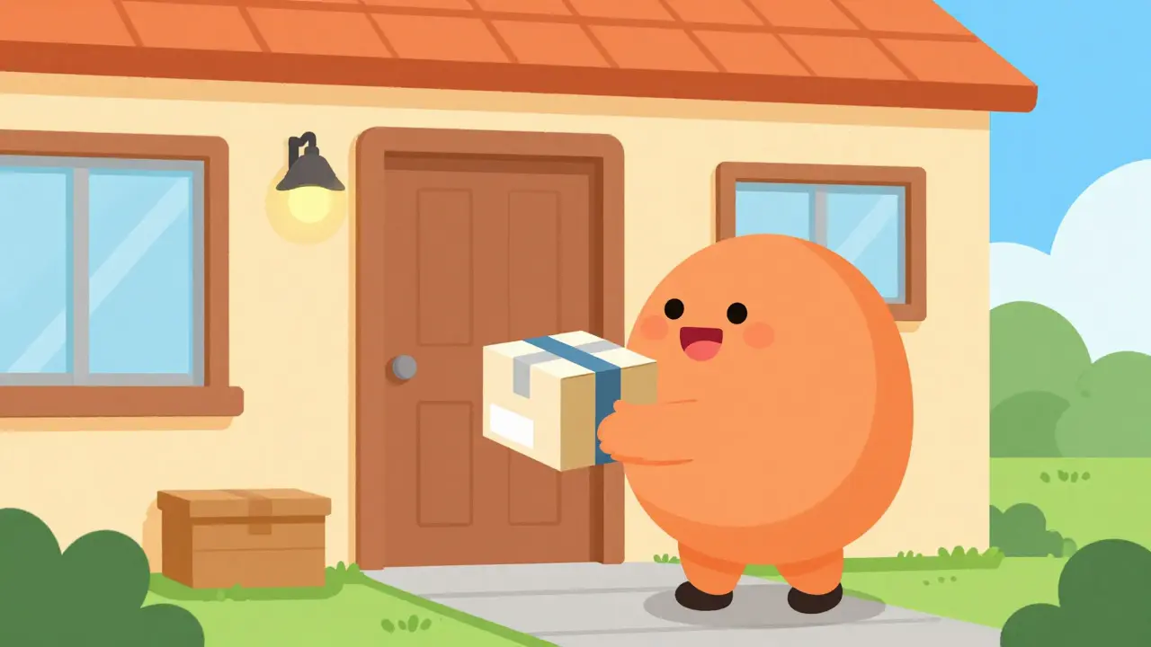 A happy character receiving a medical delivery package at their home doorstep.