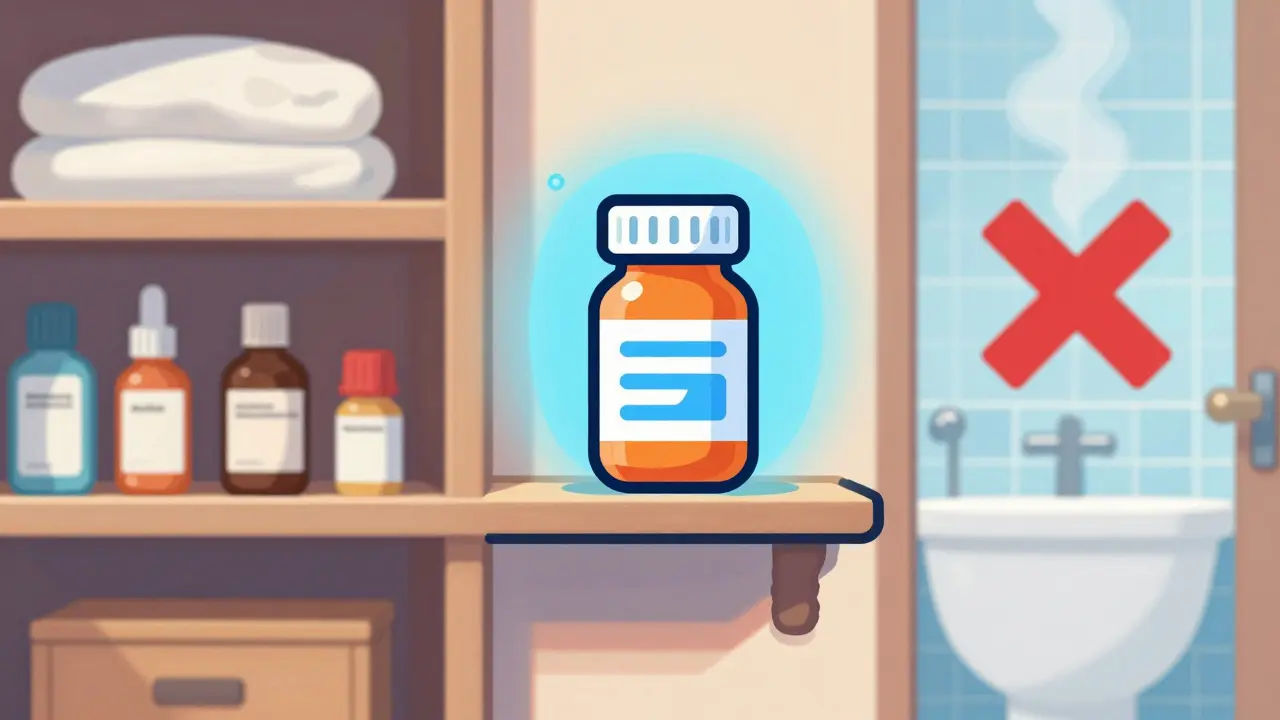 A medication bottle stored in a cool, dry bedroom closet versus a humid bathroom.