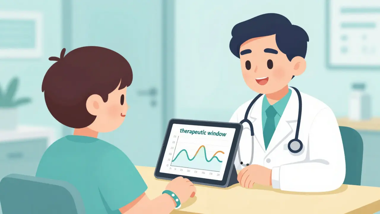 A patient and doctor reviewing a medication timing graph on a digital tablet.