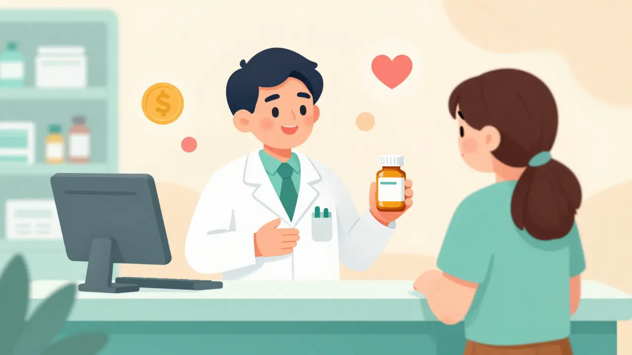 A patient and pharmacist discussing cost-effective generic medication options at a counter.