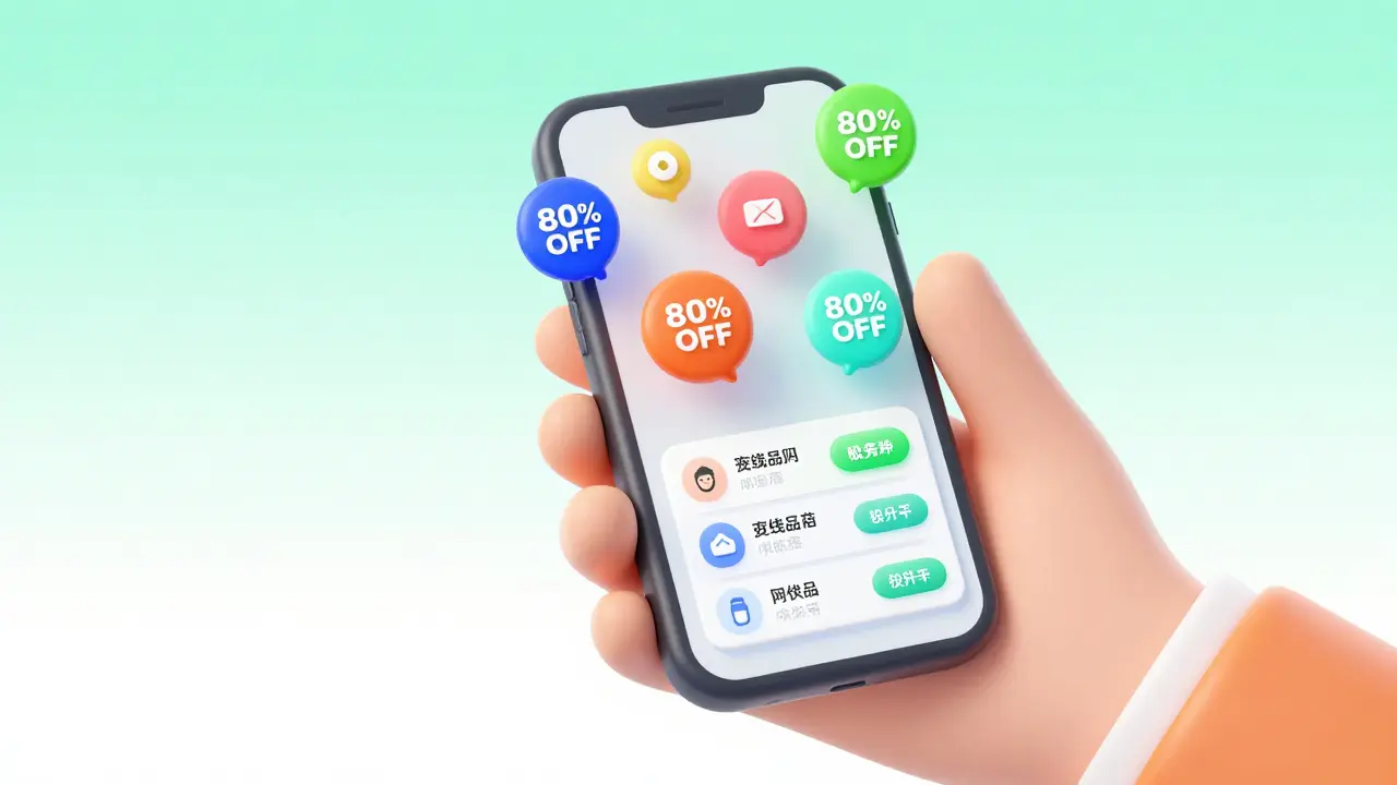 A rounded hand using a smartphone to compare discounted pharmacy prices.