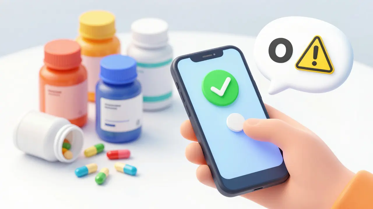 A smartphone camera scanning a pill on a table alongside various medications.