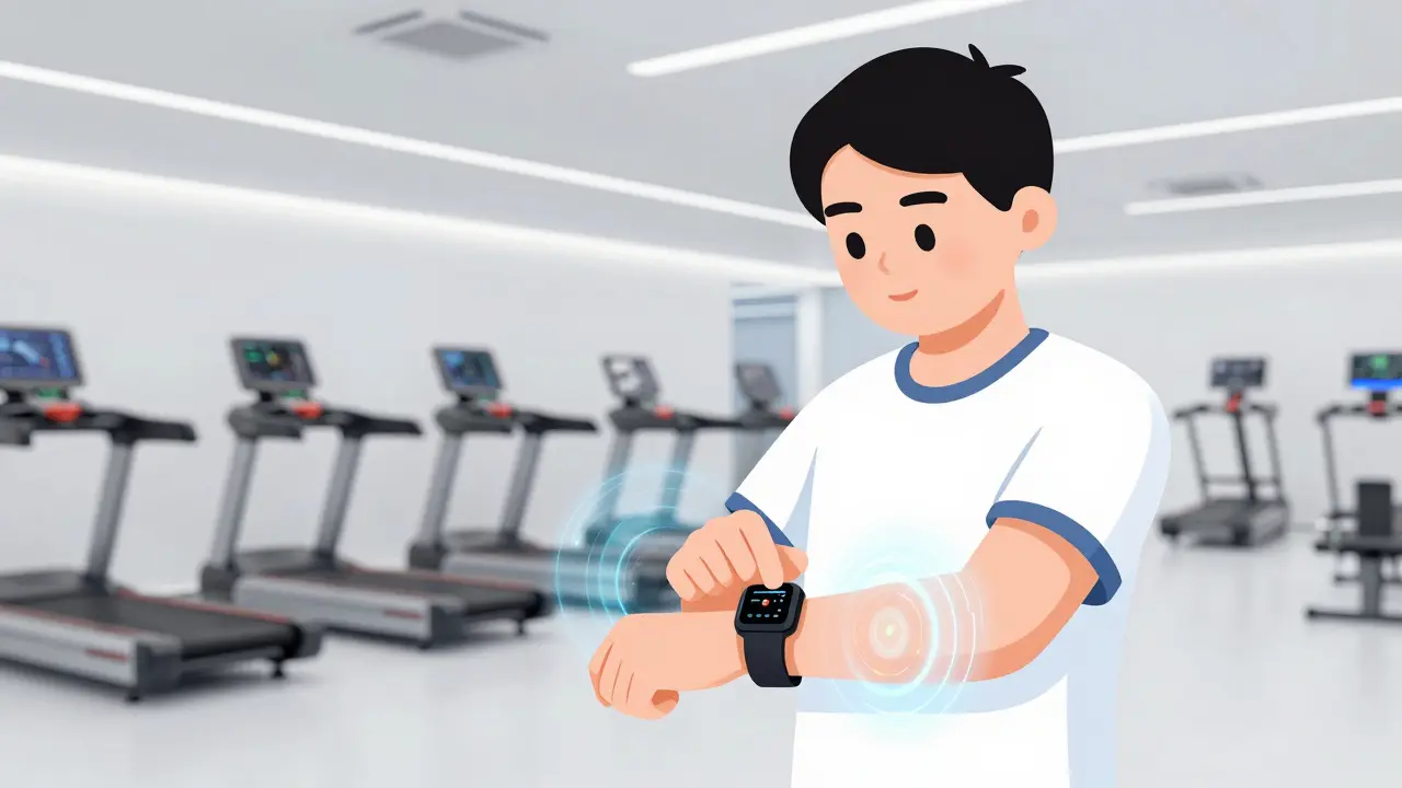 Athlete checking smart watch with glowing safety ring in gym.