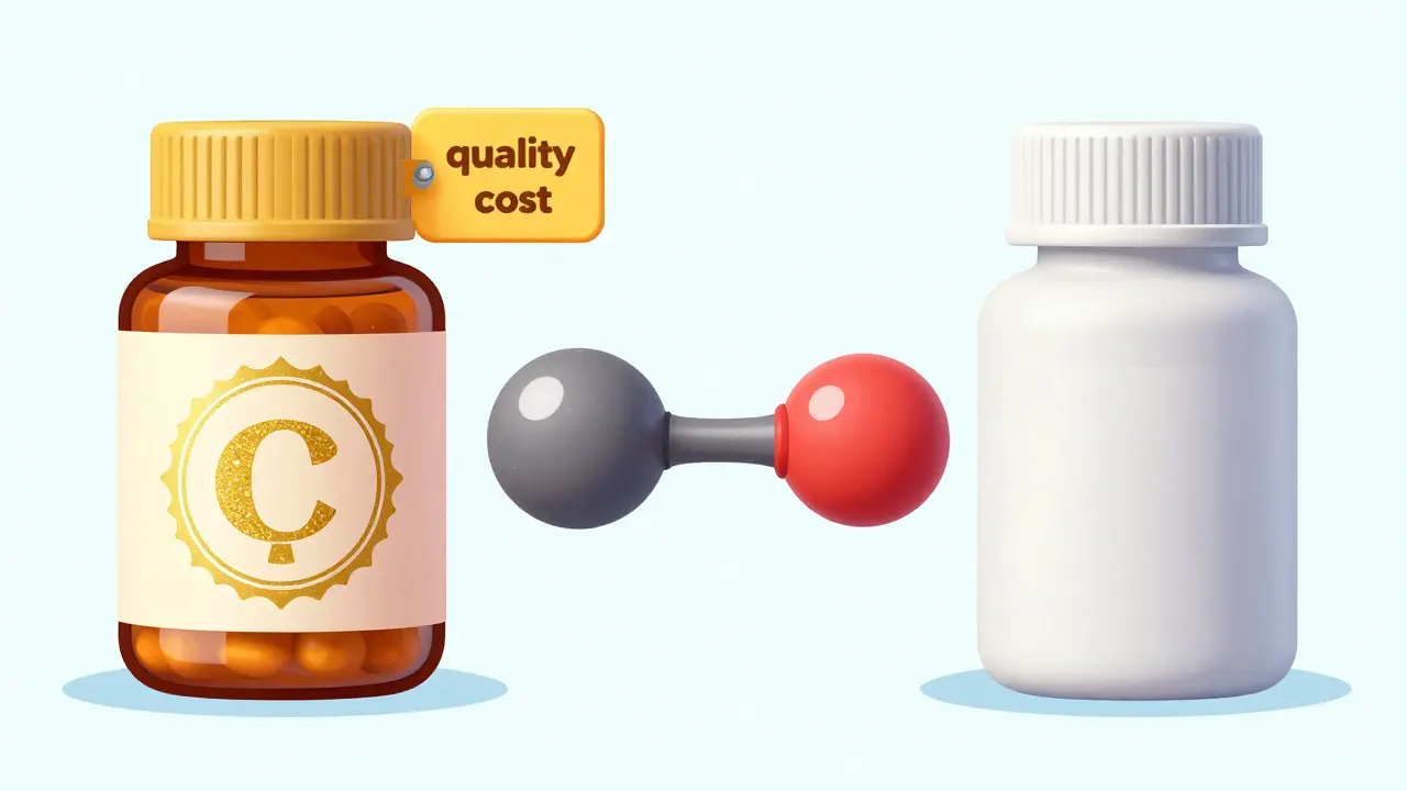 Comparison of a brand-name drug and a generic drug showing identical active ingredients.