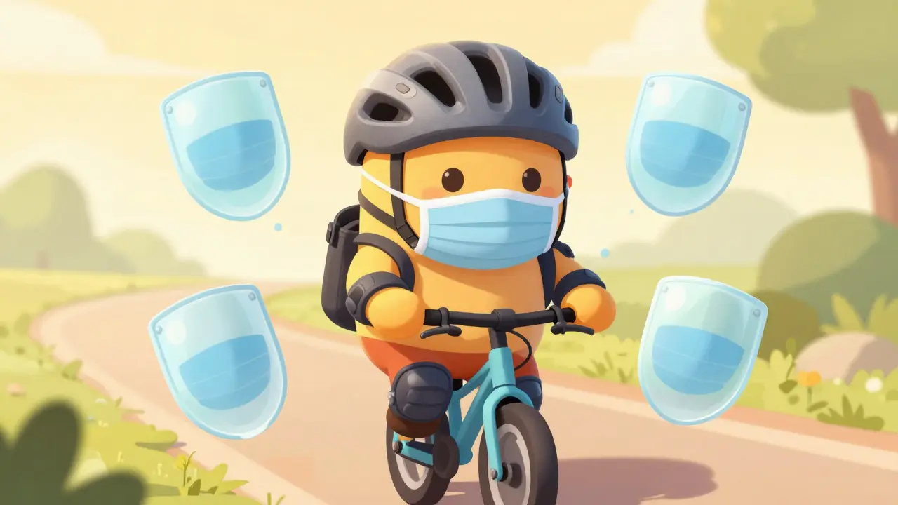 Cyclist with helmet and padding surrounded by shield symbols.