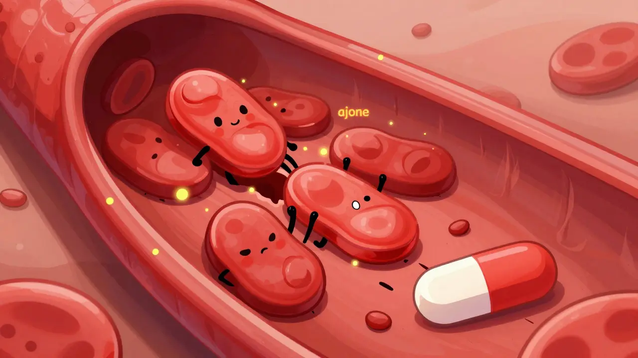 Illustration of garlic compounds and medication preventing blood platelets from clotting.