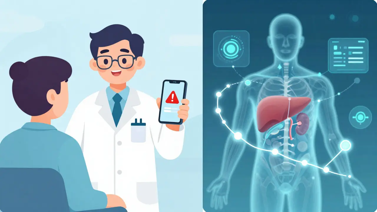 Patient discussing a medication app alert with a pharmacist and an AI health scan.